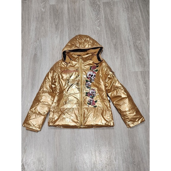 Ed Hardy Jackets & Blazers - Ed Hardy By Christian Andigier Womens Puffer Jacket Skull Rose Gold Size M
